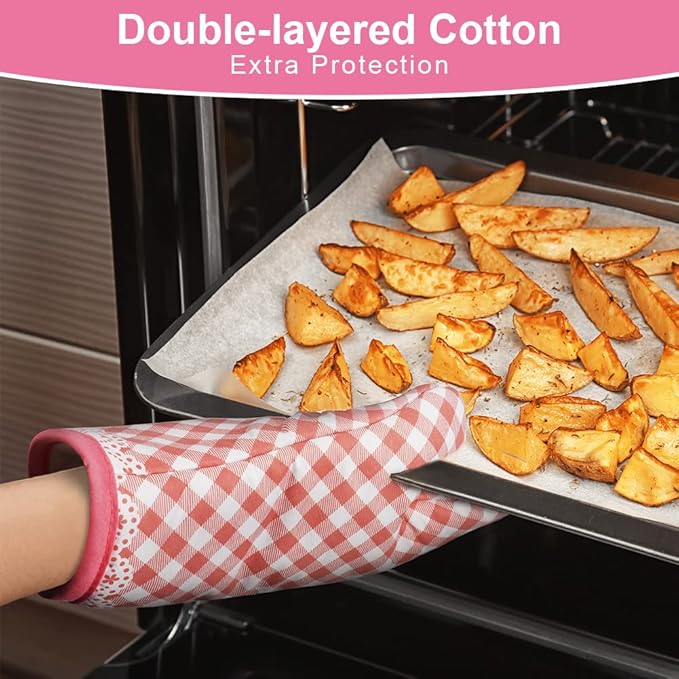 AUAUY Pink Oven Mitts, Kitchen Mittens, 392F Heat Resistant Non-Slip Gloves for Cooking, Baking, BBQ, Grilling - Cotton Infill, 1 Pair