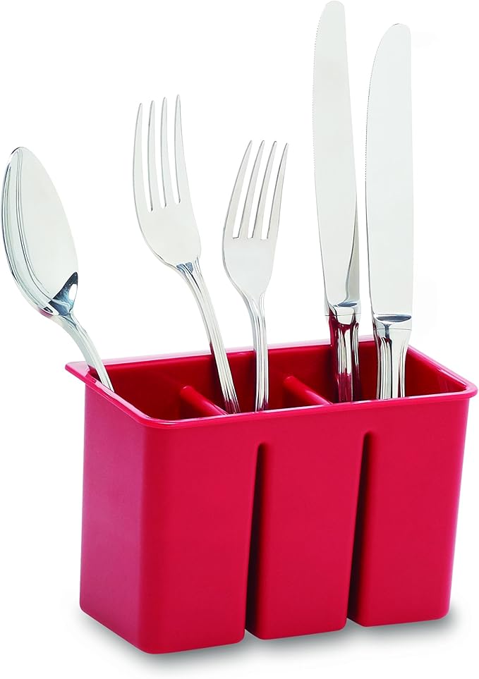 Farberware Classic Large Rust Resistant Full Dishrack with Removable 3 Compartment Flatware Caddy, Andlged Drain Board, 3-Piece, Red