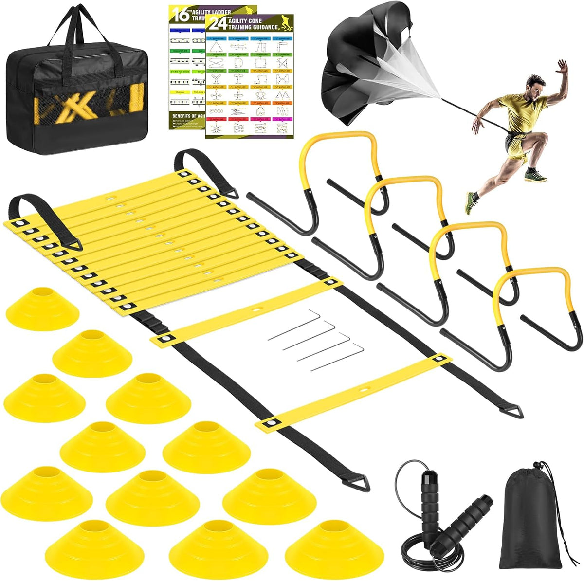 Soccer Training Equipment, Agility Speed Training Set with 20ft Speed Ladder, 12 Cones, 4 Adjustable Hurdles, Jump Rope, Parachute | Ideal for Basketball, Football Practise, for Kids, Youth, Adults