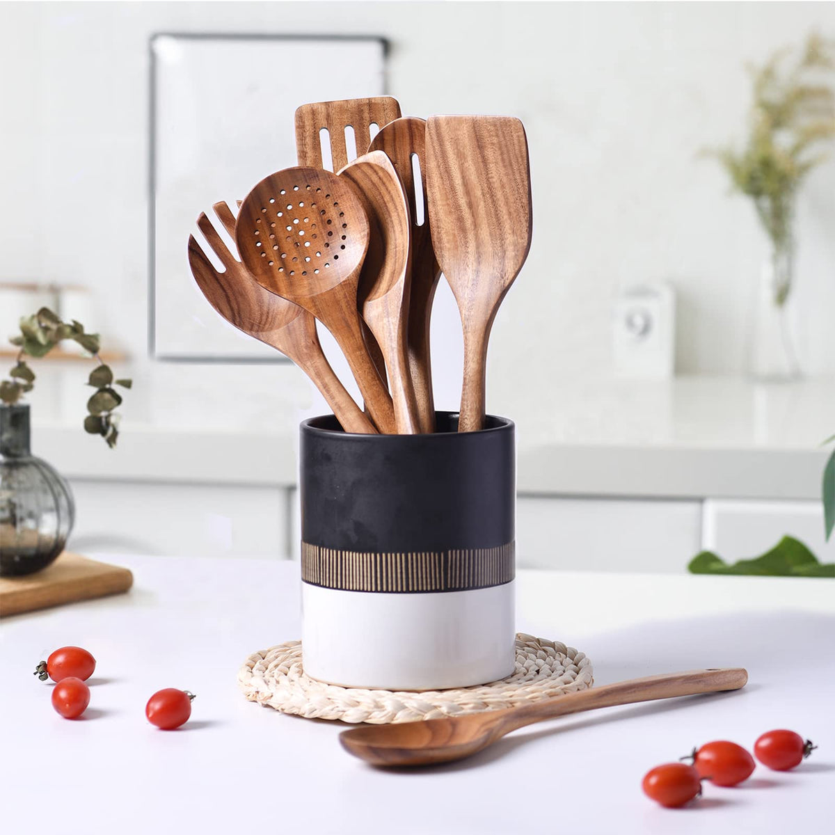 Gudamaye 13 inch Long Wooden Utensils for Cooking, Long Handle Wooden Spoons for Cooking, 7 PCES Crafting Wooden Spoon Set, Wooden Kitchen Utensil set, Natural Teak Wooden utensil Set