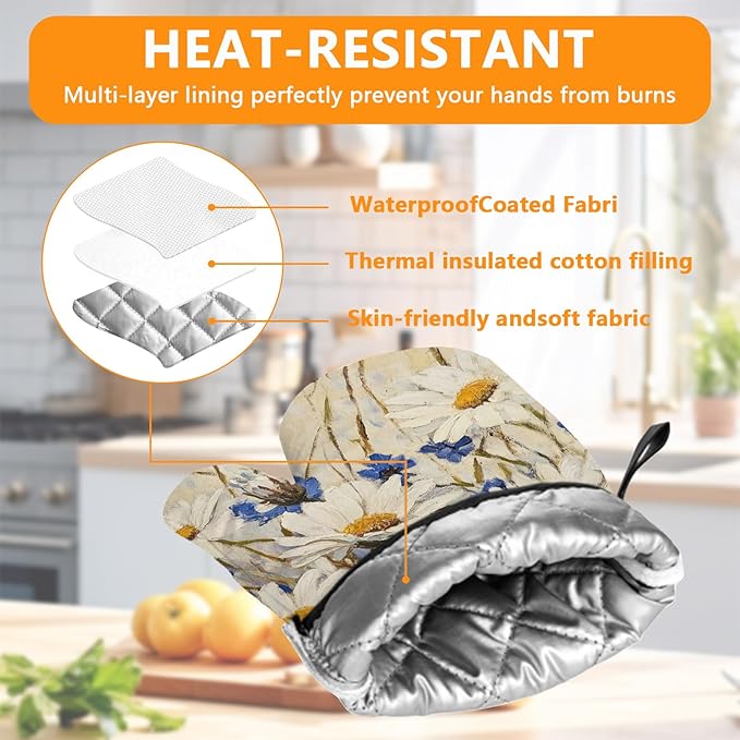 Daisy Flowers Oven Mitts and Pot Holders Sets 4Pcs,Extra Long Oven Gloves Potholder for Kitchen Cooking Baking BBQ 100% Cotton Heat Resistant