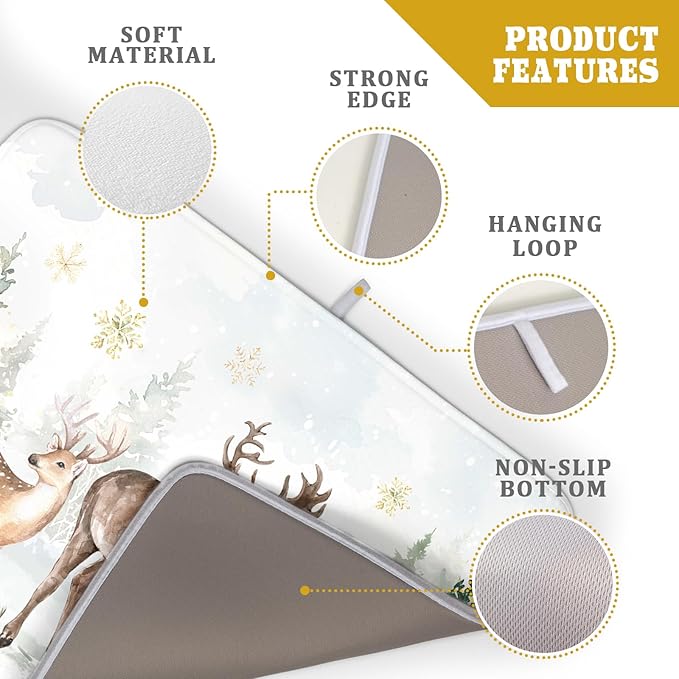 Winter Deer Dish Drying Mat for Kitchen Counter Xmas Trees Snowflake Festival Microfiber Absorbent Dish Draining Reusable Washable Foldable Extra Large 18"x24"