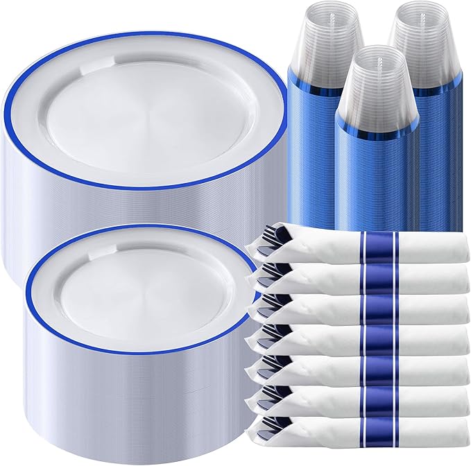 Goodluck 350 Piece Dark Blue Plastic Dinnerware Set for Party, Clear Disposable Plates for 50 Guests, Include: 50 Dinner Plates, 50 Dessert Plates, 50 Pre Rolled Napkins with Cutlery Set, 50 Cups