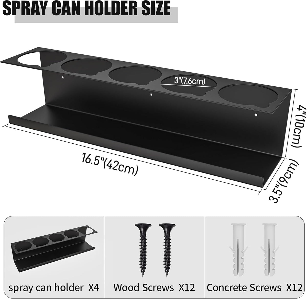 4 Pack Wall-Mounted Spray Bottle Holder, Aerosol Spray Can Holder Storage Rack, Heavy-Duty Paint Bottle Organizer With 20 Holes, Steel Black Spray Rack for Garage, Shop, Home or Tool Trailer