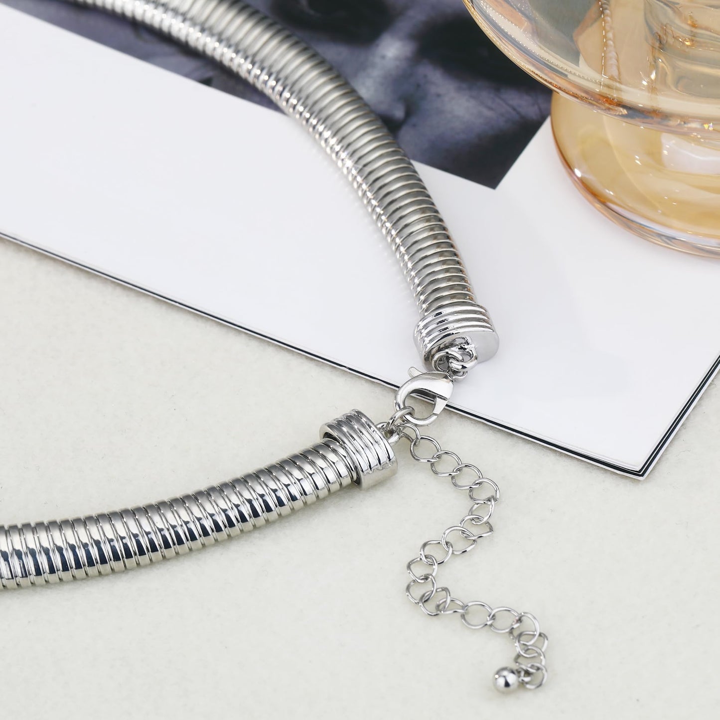 BONJOULRY Chunky Gold Choker Necklace for Women 14K Gold Plated Snake Chain Statement Necklace Collar Torque Vintage Chokers Necklaces Jewelry Gifts Collars(Silver)