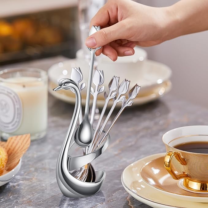 Silver Small Coffee Spoon Holder Set,Swan Base With 12 Pcs Demitasse Espresso Spoons Set,6" Mini Tulip/Rose Dessert Spoon,Stainless Steel Tea Spoons