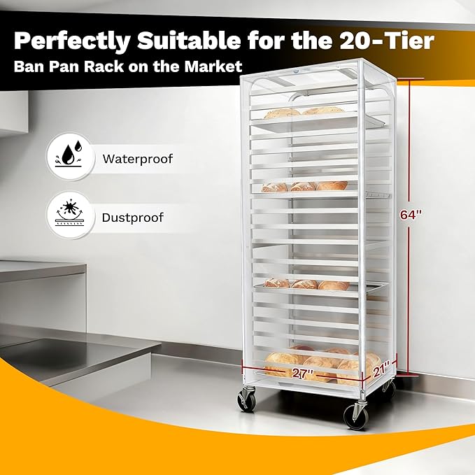 BIEAMA Bun Rack Cover – 20 Tier Commercial Bakers Racks Sheet Pan Rack Cover PVC with 2 Sided Zippers, Clear 27" L x 21" W x 64" H