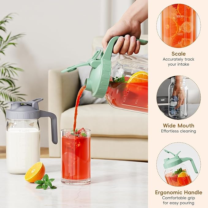 Breast Milk Pitcher - 32 oz Glass Mason Jar with Dual Leak-Proof Design, Airtight Seal, Pour Spout & Handle, Storage Container for Breastmilk, Iced Tea & Ice Drinks（2Pack Gray）