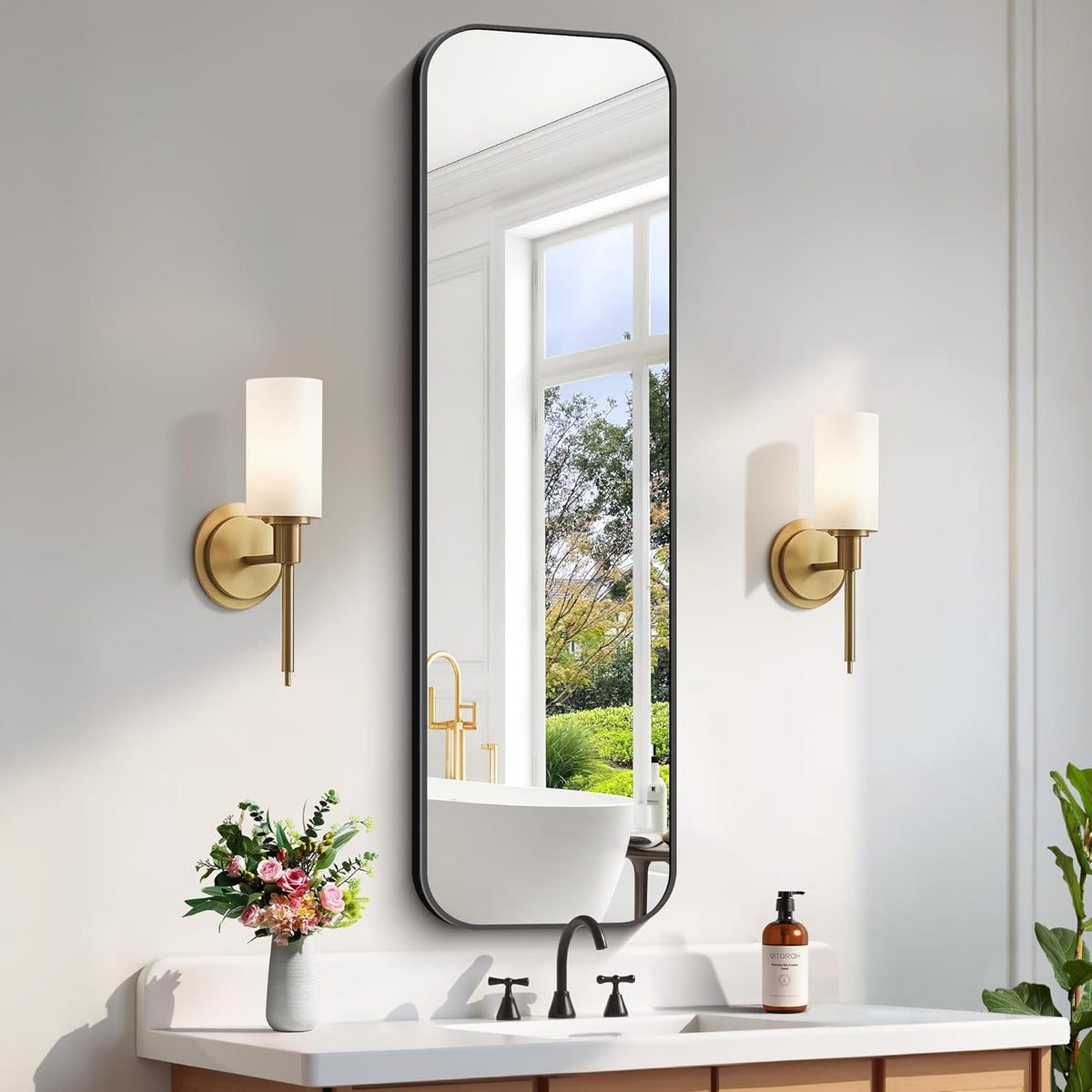FORBATH Bathroom Mirror 55" x 16", Rectangle Black Bathroom Mirror with Black Aluminum Frame Rounded Corner, Wall Mounted Mirror for Bedroom Entryway Living Room