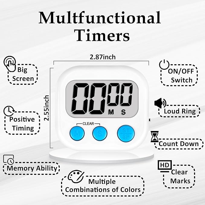 ZILLEEN 12 Pack Kitchen Timers for Cooking Digital Classroom Timers for Teachers Kids White Blue Green