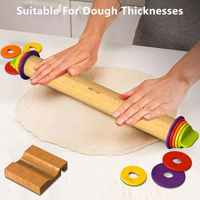 Rolling Pin with Thickness Rings for Baking,Fondant, Pizza, Pie Crust, Cookie, Pastry, Roller Rod for Dough Thickness, 13.6" Adjustable Wood Rolling Pin with 4 Thickness Rings and Wooden Stand