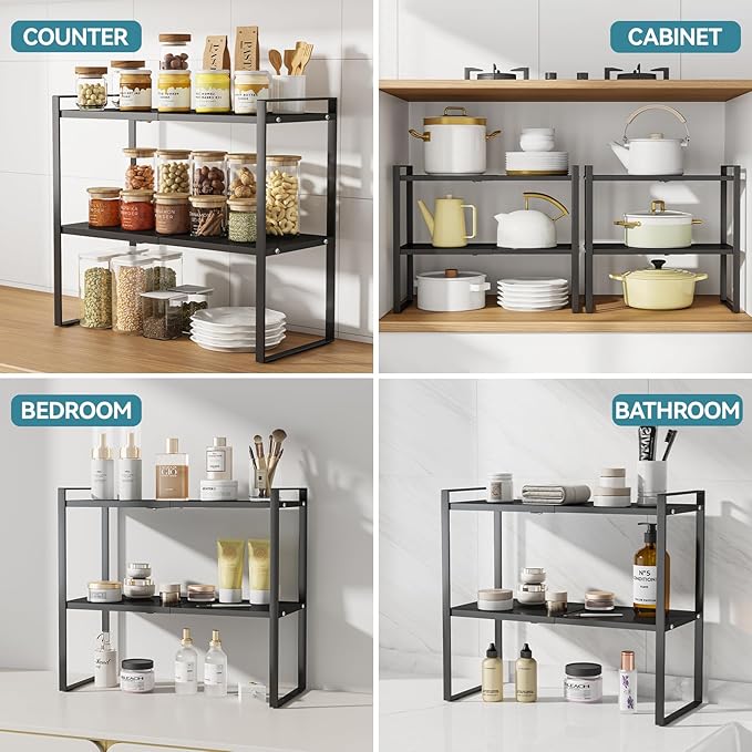 Cabinet Shelf Expandable Height Adjustable Organizer Riser for Kitchen Cabinet Pantry Cupboard Under Sink Countertop Organization
