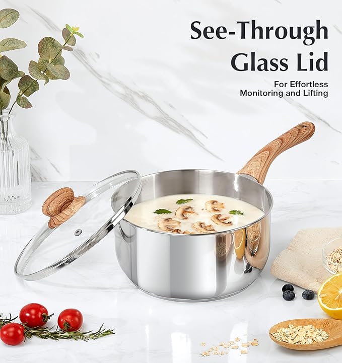 KOCH SYSTEME CS Stainless Steel Saucepan Set, 4-Piece Stainless Steel Sauce Pan with Cool-Touch Bakelite Handle, 1 QT & 2 QT Saucepan with Lid, Steel Pots Induction Ready