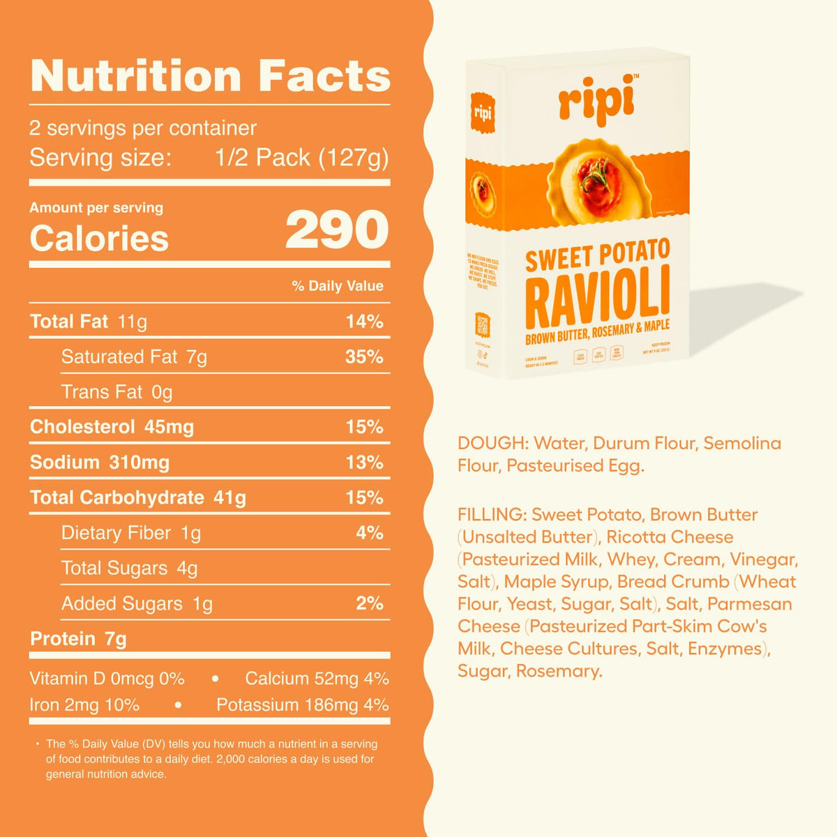 Ripi Sweet Potato Ravioli - Brown Butter, Rosemary & Maple - Frozen Pasta Meal - Ready in Under 5 Minutes, 9oz packs (12 Pack, Sweet Potato)
