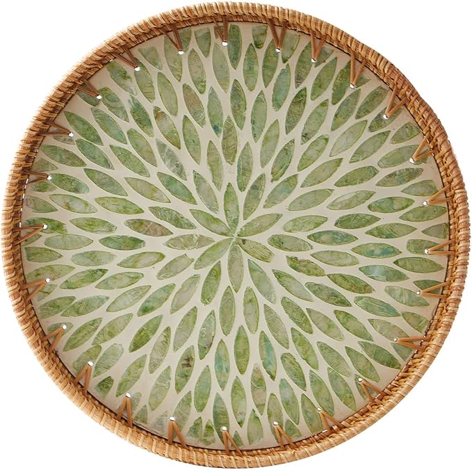 Round Rattan Tray with Mother of Pearl Inlay, Rattan Serving Tray with Wooden Base, Decorative Wicker Basket for Table Decor, Storage and Display of Coffee Bread Food Fruit (Leaf 13.5")