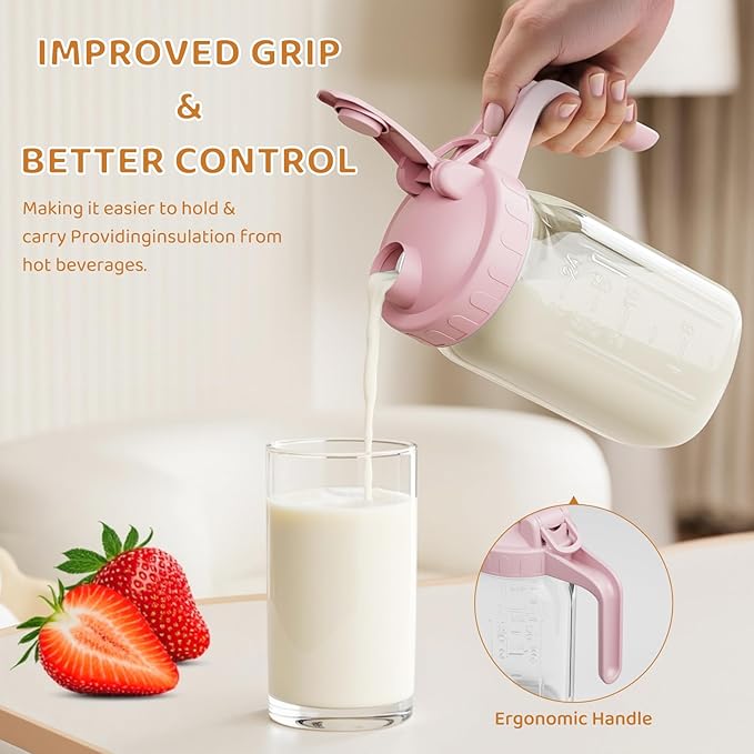 Breast Milk Pitcher, Mason Jar 32 oz, Heavy Duty Wide Mouth Jar with Pink Flip Cap Lid and Pour Spout, Airtight Seal for Freshness and Convenience, Great for Cold Beverages and Home Entertaining