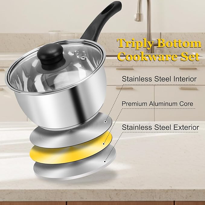 3pcs Stainless Steel Saucepan Set, Kitchen 1QT & 2QT & 3QT Pot Set with Lid Triply Base Sauce Pot for Cooking Stainless Steel Cookware Set