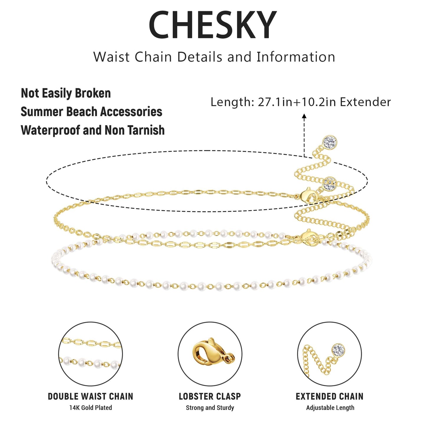 Risamil Waist Beads for Women, 14k Gold Plated Pearl Waist Chain Cute Body Chain Gold Chain Belt for Womens Belly Chain Fashion Beach Accessories for Womens Pearl Gold Jewelry for Women Gifts
