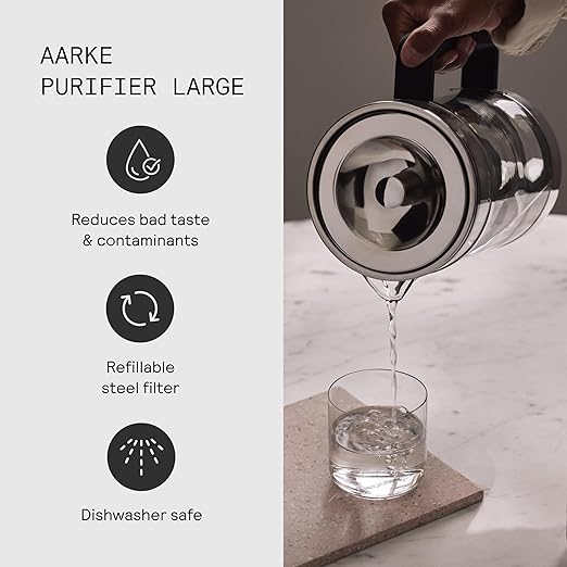 Aarke Purifier Large Glass Pitcher Bundle w/Steel Filter, BPA-Free, 3 Enriched + 1 Pure Granules, 2.8L Pitcher with 1.66L Filtration Capacity