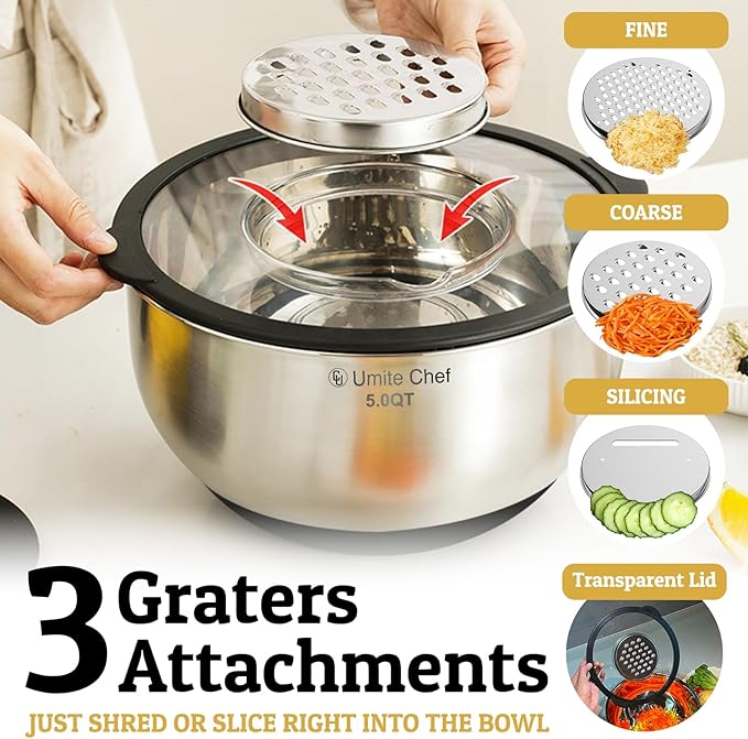 Mixing Bowls with Lids Set - Non-Slip, Airtight Warp-Proof TPR-AS Lids, Thicker Stainless Steel Bowls, Measurement Lines & 3 Graters, Prep Meal Bowl, Black Nesting Bowl for Kitchen, 5/3/2/1.5/0.63QT