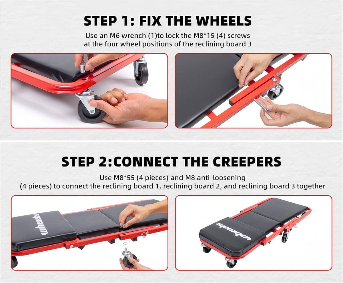 Mechanic Creeper 36 inches 3-in-1 Mode Z Seat 340lbs Capacity, Foldable Garage Adjustable Rolling Folding with 6pcs Wheels Roller, Lay Down Sit Lean Back, Under Car Auto Repair, Red Black