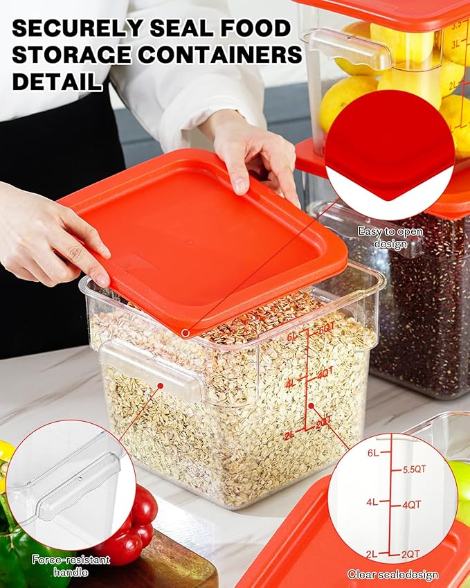 2QT&4QT NSF Food Storage Containers: 8 PCS[Food Grade] [Hot&Cold Resistant] Commercial Clear Square Food Storage Containers with Scales Handles for Home Restaurant Kitchen(BPA FREE)