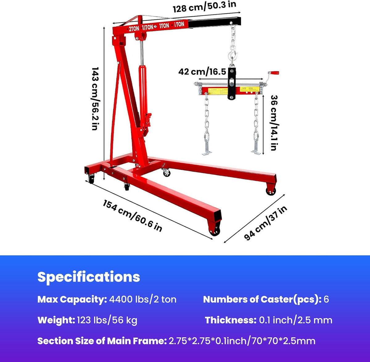 Engine Lift, 2 Ton Engine Hoist Cherry Picker with Quick Fold & 6 Steel Casters, 4400LBS Heavy-Duty Hydraulic Crane, Adjustable 4-Position Boom & 8T Pump for Garage Use 56.2"x50.6"x37"