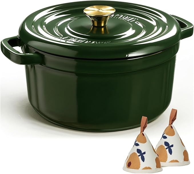 Overmont Enameled Cast Iron Dutch Oven - 5QT Pot with Lid Cookbook & Cotton Potholders - Heavy-Duty Cookware for Braising, Stews, Roasting, Sourdough Baking moss