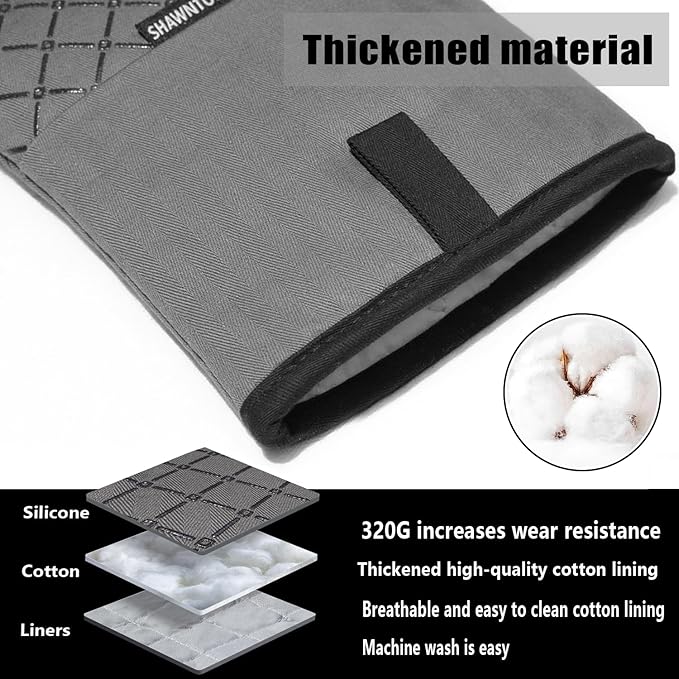 Oven Mitts and Pot Holders Sets 6pcs, Kitchen Oven Glove,High Heat Resistant 550 Degree Extra Long Oven Mitts and Potholders with Non-Slip Silicone Surface for Home Essentials (Grey) (Matte Black)