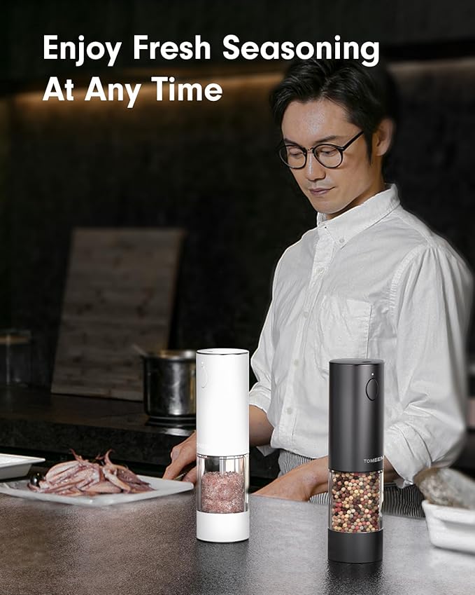 Upgraded Larger Capacity Electric Salt and Pepper Grinder Set Rechargeable with LED lights, Stainless Steel Automatic Pepper and Salt Grinder Refillable with 5 Adjustable Coarseness Black - White