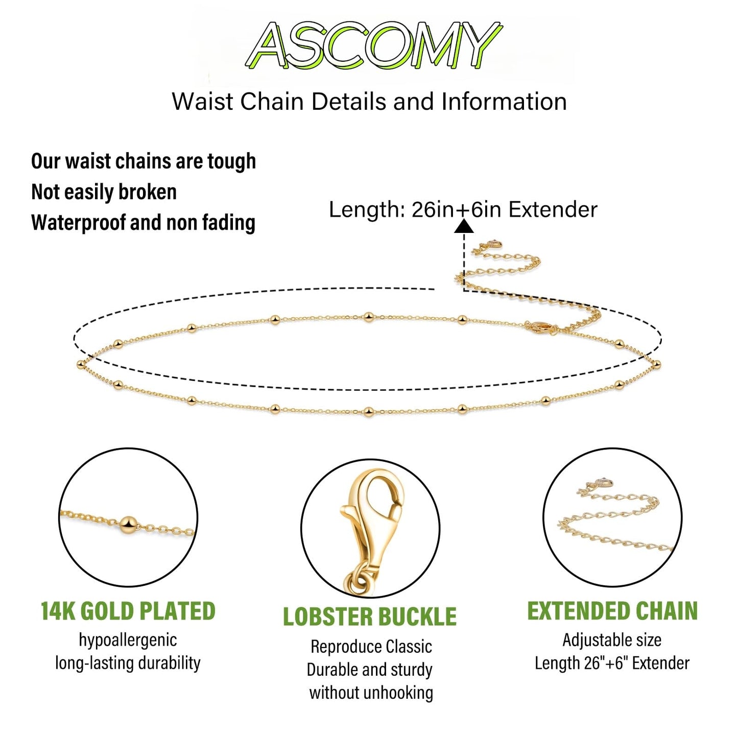 ASCOMY Waist Chains for Women 14K Gold Plated Body Chains Waist Chain Beads Waist Chain Belly Belt Body Chains Adjustable Bikini Body Jewelry Daily Belts Gifts for Women
