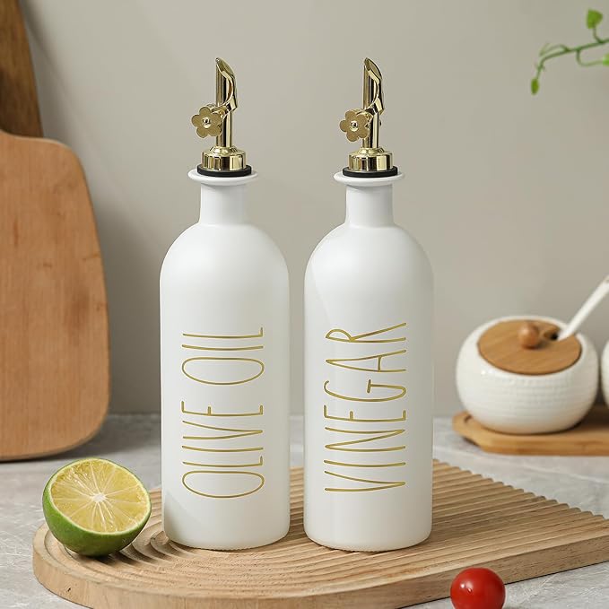 HOMCDALY 16oz Olive Oil Dispenser Bottles for Kitchen, Gold Oil&Vinegar Dispenser Set, Glass Oil Dispenser for Kitchen with Bamboo Tray | Set of 2 (16oz-P-Gold)