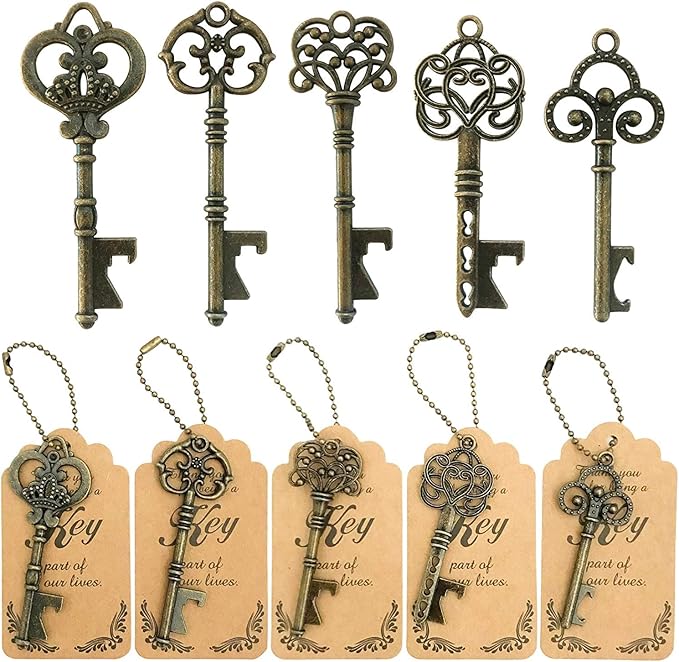 WODEGIFT 50pcs Bottle Opener,Wedding Favors Vintage Skeleton Key Bottle Opener,Key Bottle Openers with Escort Tag Cards and Key Chains Wedding Gifts for Guest（Bronze,5 styles）