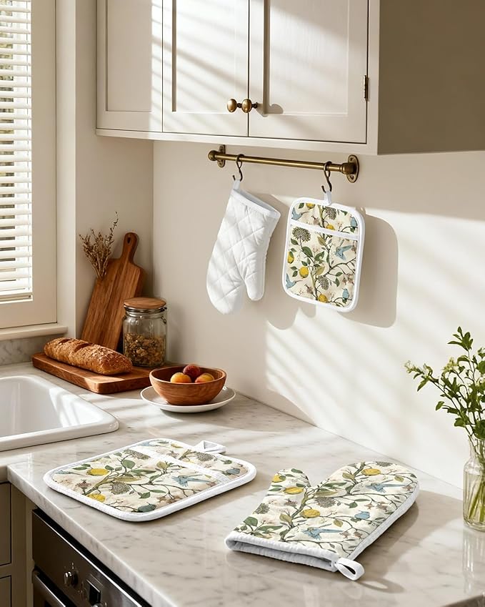 Miss Adola Cotton Oven Mitts and Pot Holders Sets - Quilted Lining Heat Resistant 4 Pieces Set with Hanging Loop Cute Farmhouse Boho Spring Kitchen Decor and Accessories, Lemon Bird