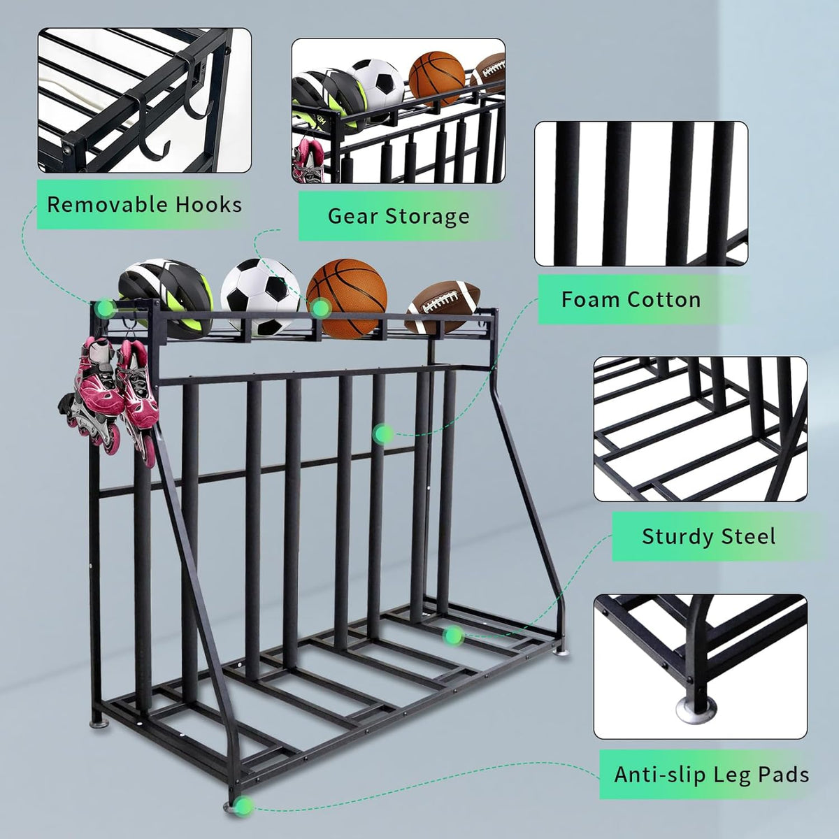 4 Bike Stand Rack with Storage – Bike Rack Floor Stand- Garage Organizer - 2024 Upgrade Tube Diameter 19mm with 8 Sponge Columns - Indoor Bike Storage for Parking Road, Mountain, Hybrid or Kids Bikes