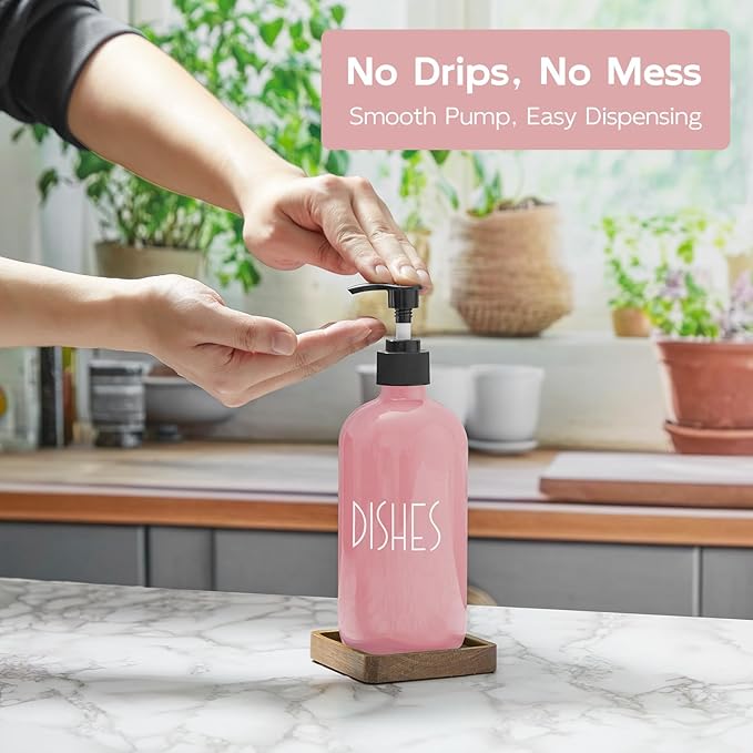 Pink Glass Dish Soap Dispenser with Acacia Wood Tray, 16 oz Refillable Kitchen Soap Pump Bottle, Decorative Countertop Soap Dispenser Set for Kitchen Bathroom Accessories