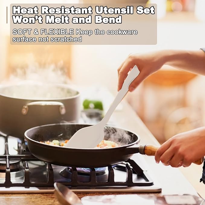 E-far 10 Pieces Silicone Cooking Utensils Set, Heat Resistant Kitchen Utensil Set for Nonstick Cookware, Kitchen Cooking Tools with Spatula, Spoon, Slotted Turner, Non-Toxic & Dishwasher Safe (Khaki)