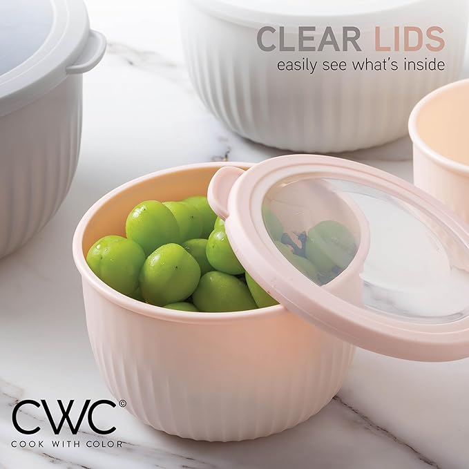 COOK WITH COLOR Prep Bowls with Lids- Wide and Deep Nesting Plastic Small Mixing Bowl Set with Lids, 8 Piece Set - Deep Bowls, Grey/Pink