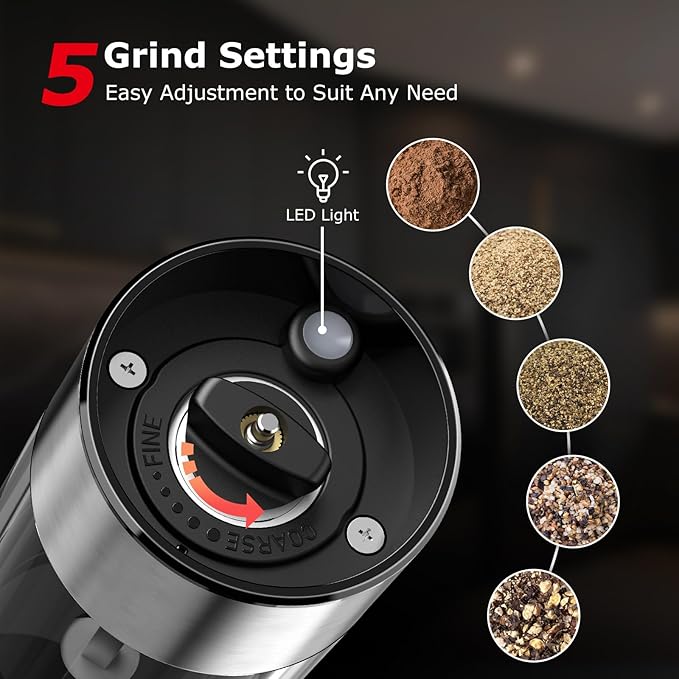 Bonsenkitchen Electric Salt and Pepper Grinder Set Rechargeable, 95ml Large Capacity Salt Shaker with LED Light, USB-C Fast Charging Automatic Pepper Mill with 5 Adjustable Coarseness for Kitchen, BBQ