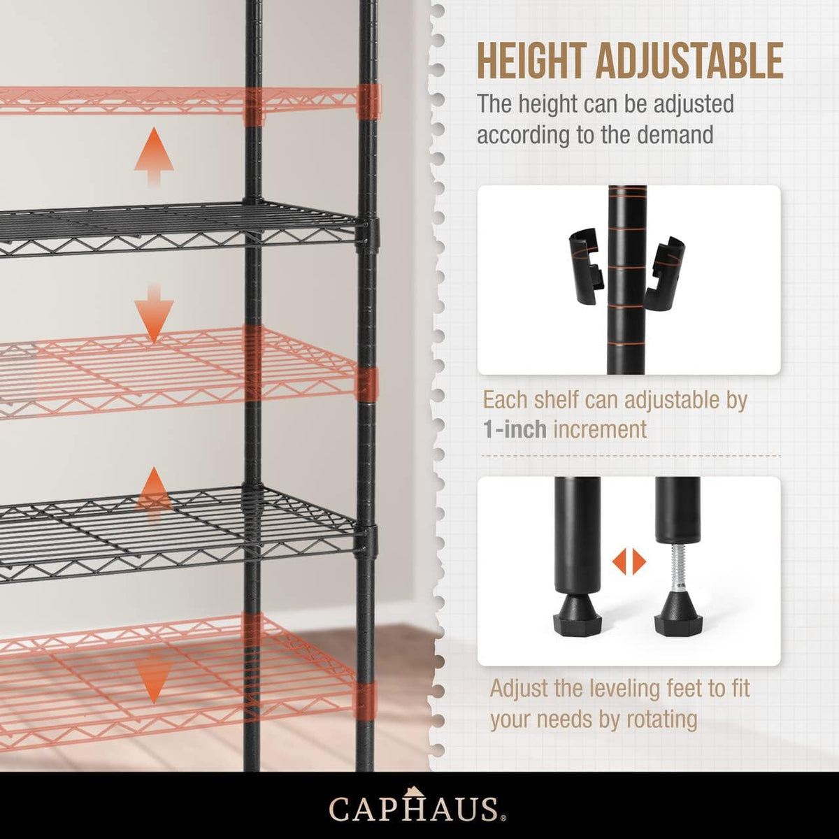 CAPHAUS NSF Adjustable Height Wire Shelving Unit w/Liner, 5-Tier Metal Steel Storage Shelf for Basement, Garage, Utility Organizer, No Wheels, Black