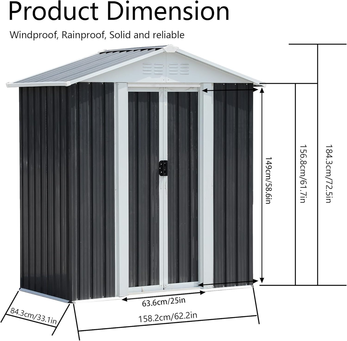 5x3 FT Outdoor Storage Shed, Metal Garden Shed with Lockable Sliding Doors, Small Outside Tool Shed with Sloped Roof & 4 Air Vents, Waterproof Storage Building for Backyard, Patio, Lawn, Gray