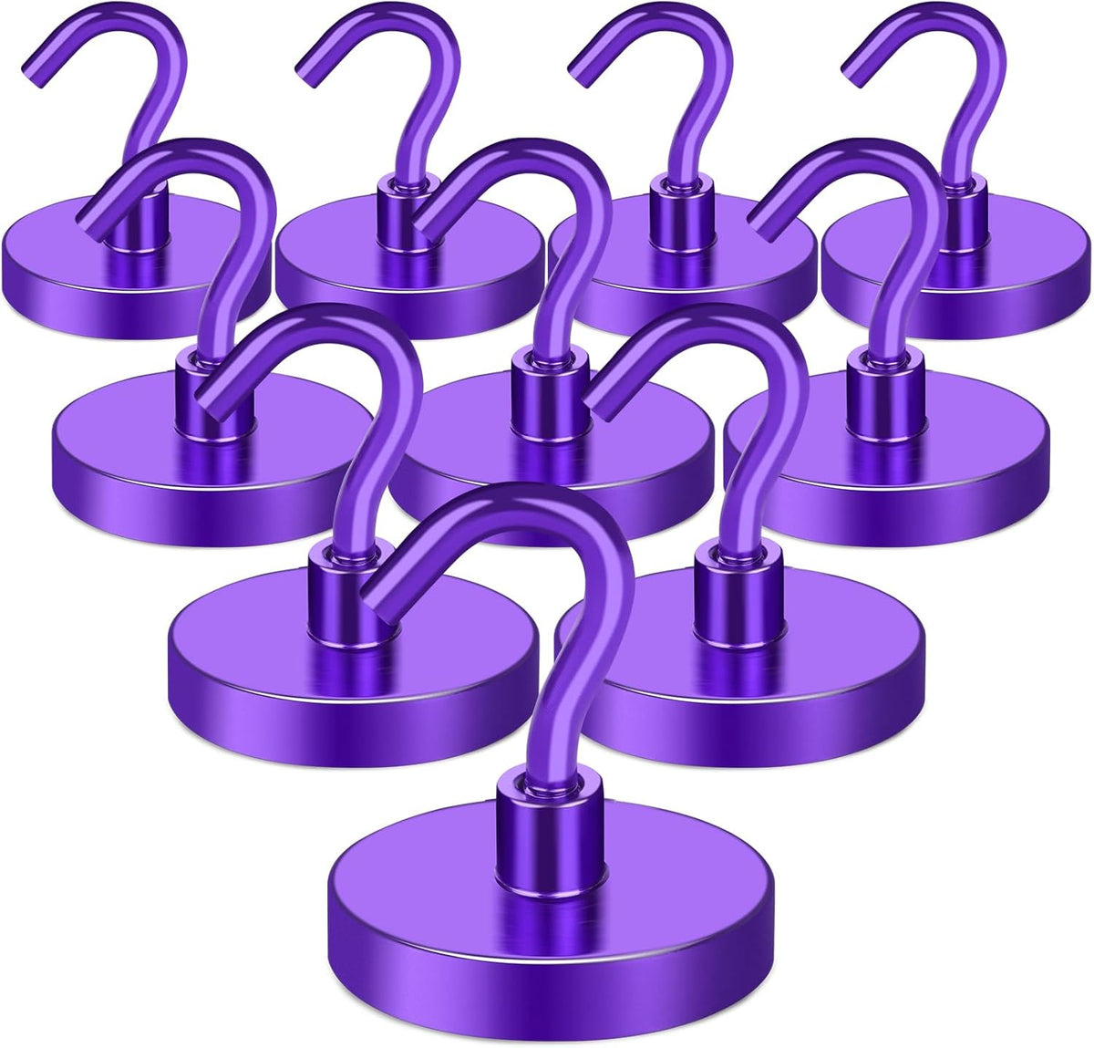 MIKEDE Magnetic Hooks,150LB Heavy Duty Magnets with Hook for Fridge, Strong Magnets Neodymium Industrial Hooks for Hanging, Magnetic Hanger for Toolbox, Cruise(Purple, 10 Pack)