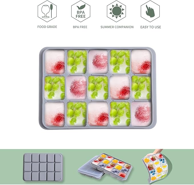 Ice Cube Trays Set of 2, Easy Release 15 Flexible Silicone Ice Cube Molds with Removable Lid Reusable Freezer Ice Trays Stackable for Whiskey, Baby Food, BPA Free (SNOW GRAY)