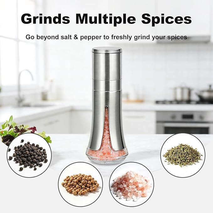 Aelga Salt Grinder with Silicone Funnel - 4oz Glass Manual Mills with Adjustable Ceramic Core & Stainless Steel Sleeve, Refillable Kitchen Gadget