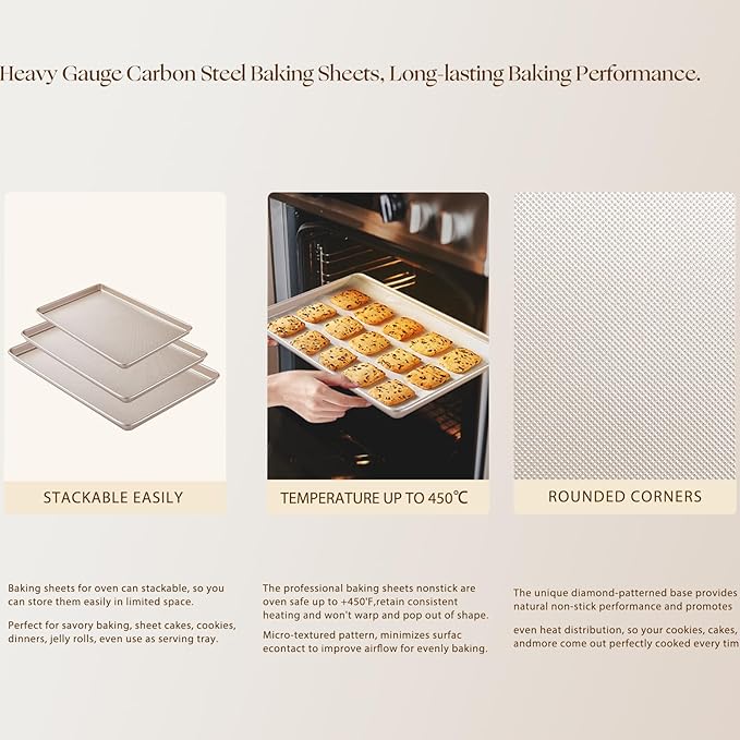 Baking Sheet Set of 3, Nonstick Heavy Duty Cookie Sheets for Oven - 13.6"×9.6"/15.5"×10.6"/17.5"×11.8" Warp-Resistant Carbon Steel Bakeware Trays, Champagne Gold, Dishwasher & Oven Safe