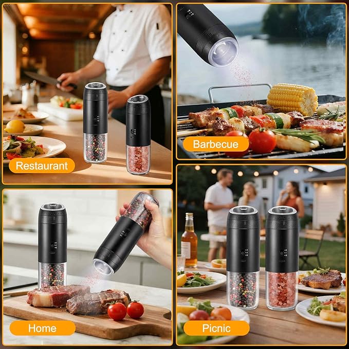 Gravity Electric Salt Grinder Set with Variable Grinding Speed, External Adjustable Coarseness, One Hand Operation, Upgraded Larger Capacity,White LED Light, Black 2 Pcs