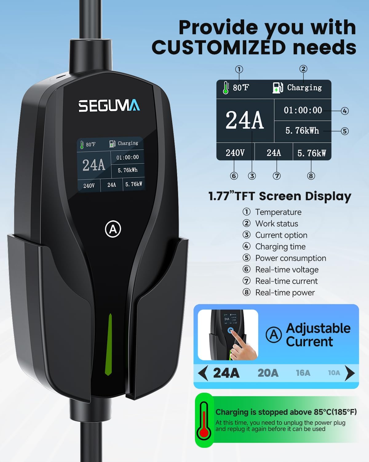 NEMA 14-30 Level 2 EV Charger, Electric Vehicle Portable Charger with 24A 240V 25FT Cable, Adjustable Current (10-24A), Home MobileEV Charging Station with 4-Prong Dryer Plug for J1772 Electric Cars