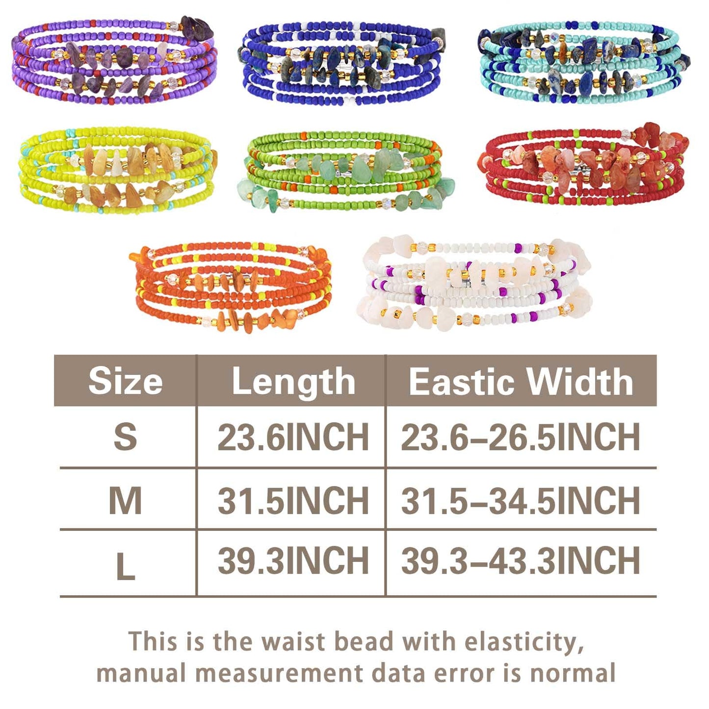 ELABEST Adjustable Handmade Waist Beads Stretchy 23-52 inch 8Pcs Chakra Yoga Body Belly Beaded Women Waist, Anklet, Bracelet, Necklace Jewelry with Screw clasp (Chakra, 31.5inch/80cm)
