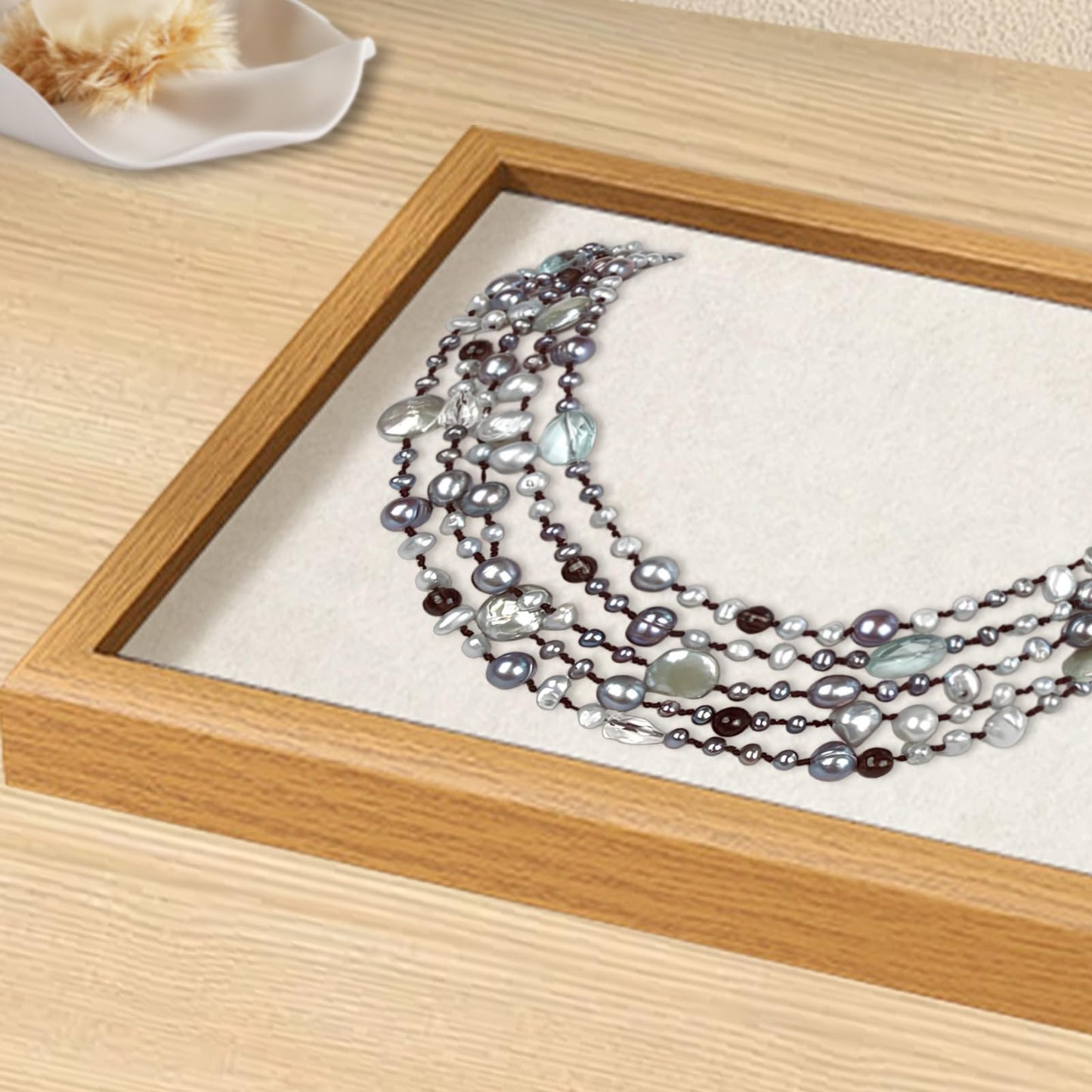 Handmade Silver Grey Baroque Pearl Necklace – Multistrand Freshwater Pearls & Sea Green Crystal, Pearl Clasp Beaded Charms Baroque Luxury Jewelry Gift