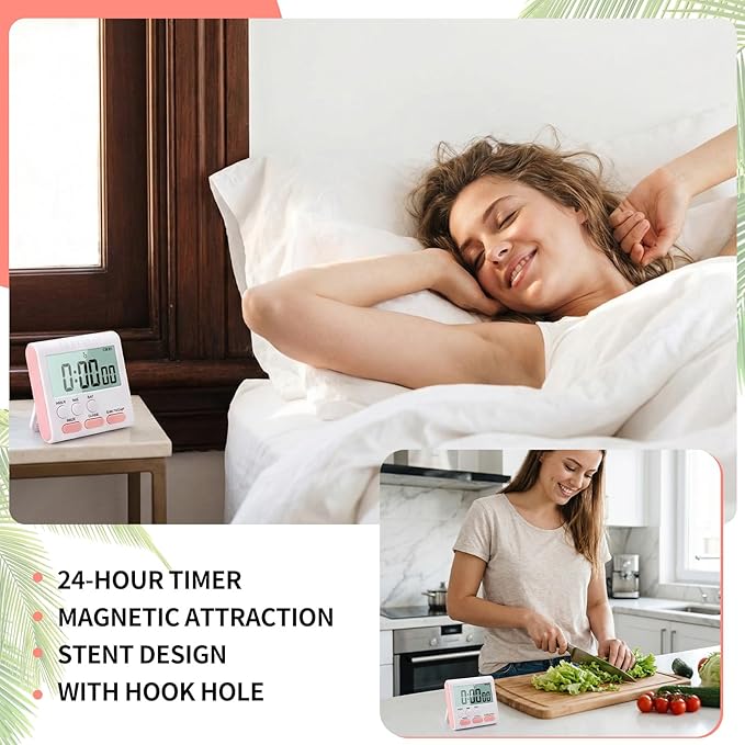 Mudder 3 Pack Digital Kitchen Timer for Cooking, Large Digits, 24 Hour Magnetic Backing Stand Kitchen Timers Clock for Classroom Kids Teachers, Loud Alarm and Large Screen (Pink)
